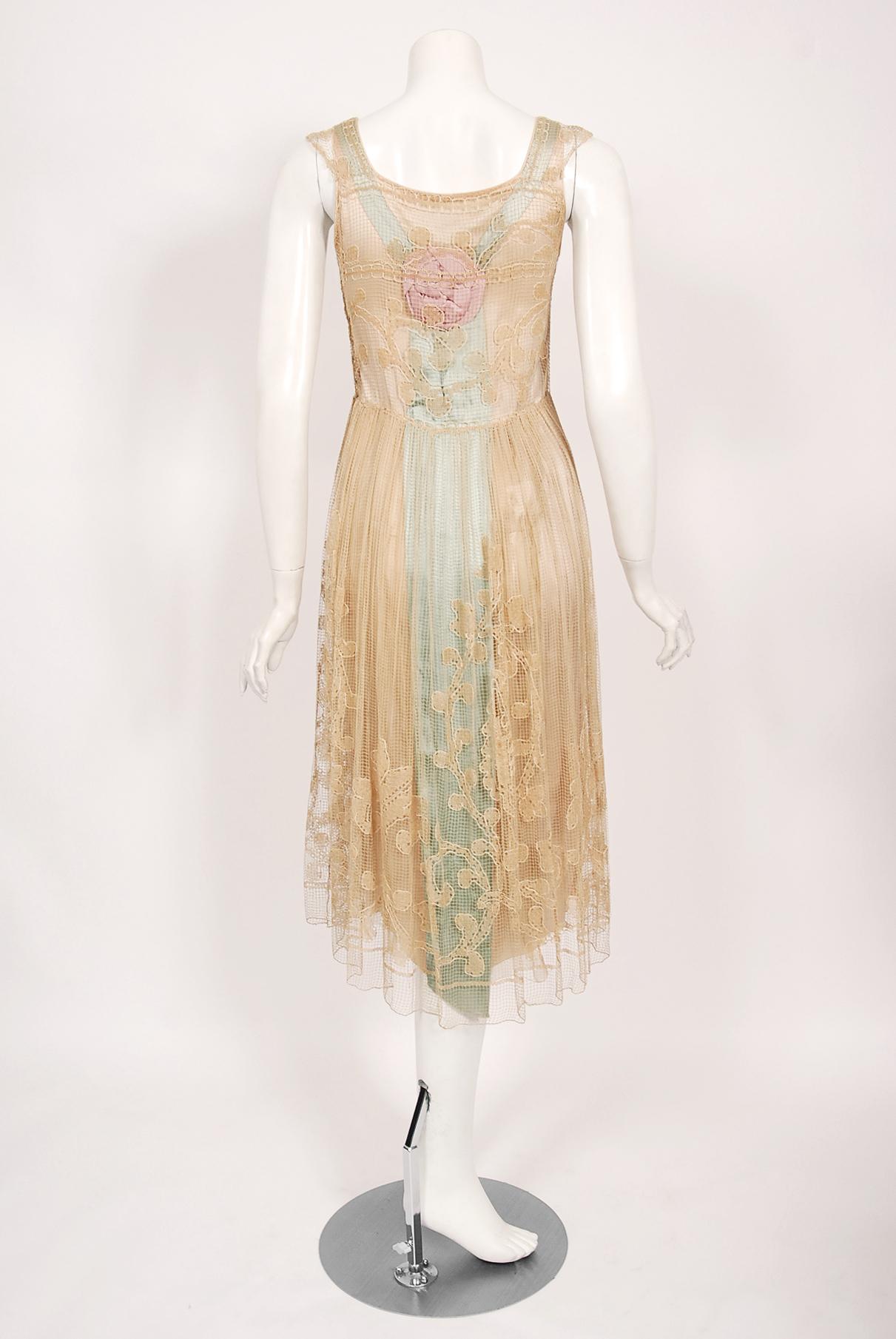 Vintage 1920's Martha Weathered Couture Pastel Silk Rosettes Filet Lace Dress For Sale 5