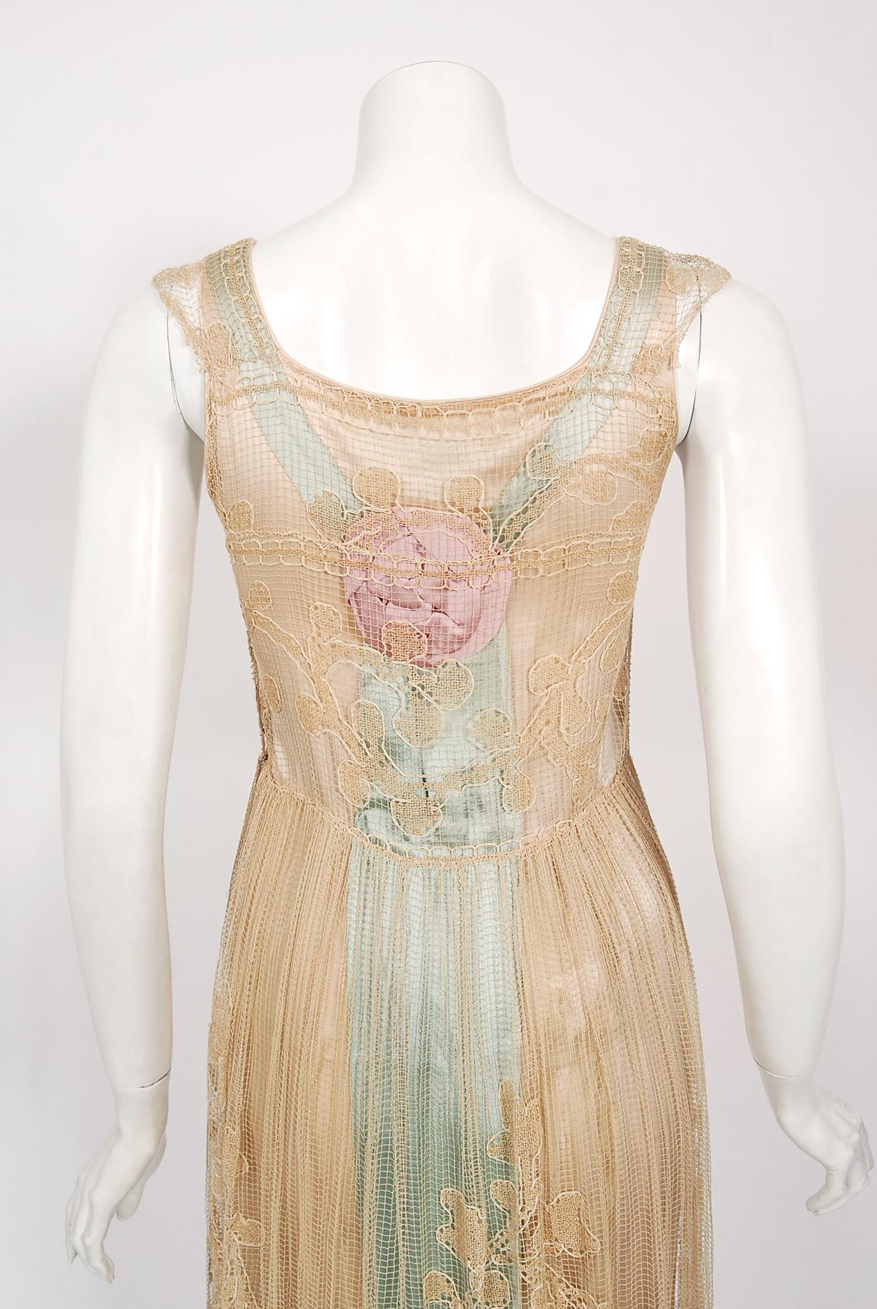 Vintage 1920's Martha Weathered Couture Pastel Silk Rosettes Filet Lace Dress For Sale 6