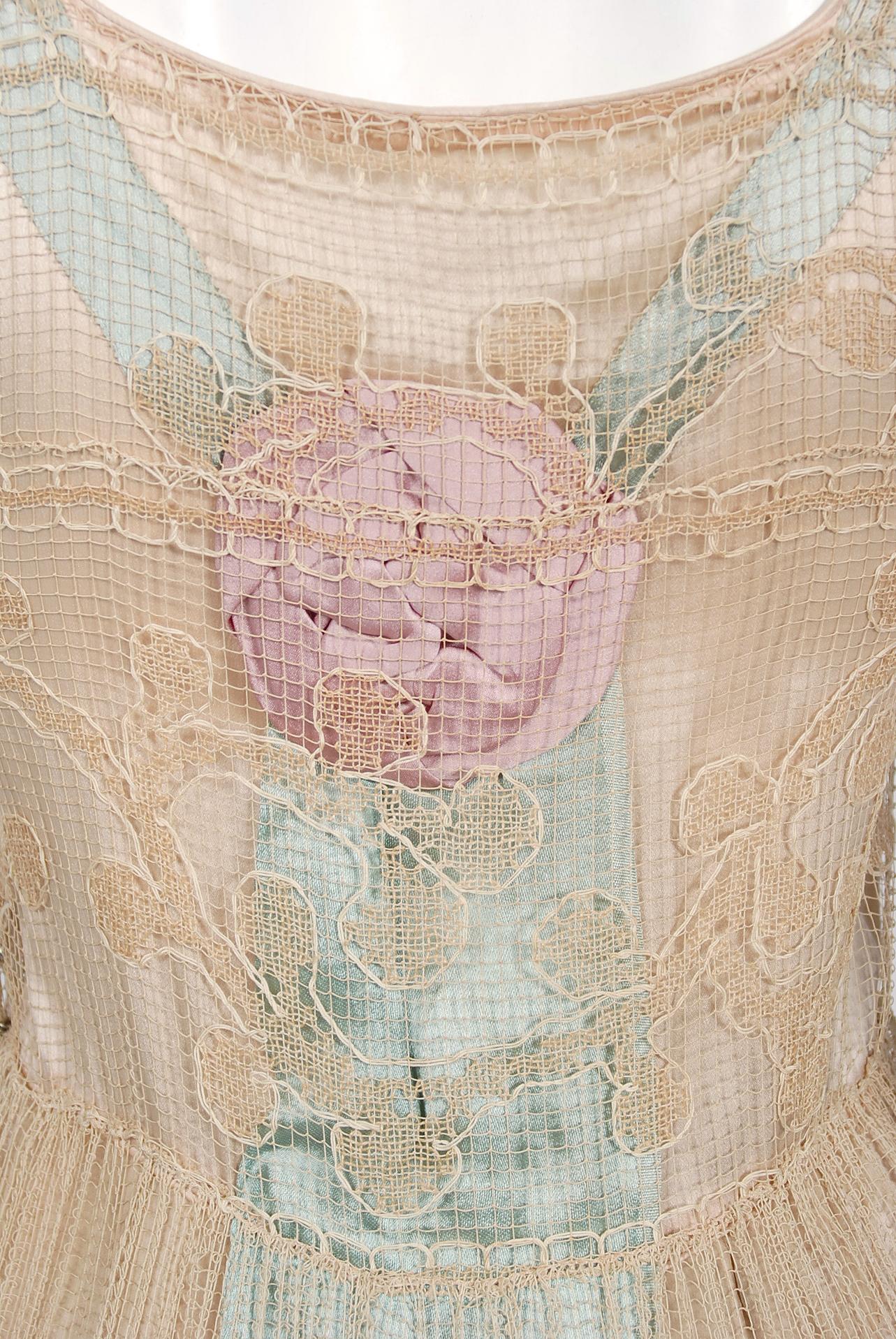 1920's Martha Weathered Couture Pastel Silk Rosettes Filet Lace Flapper Dress For Sale 7