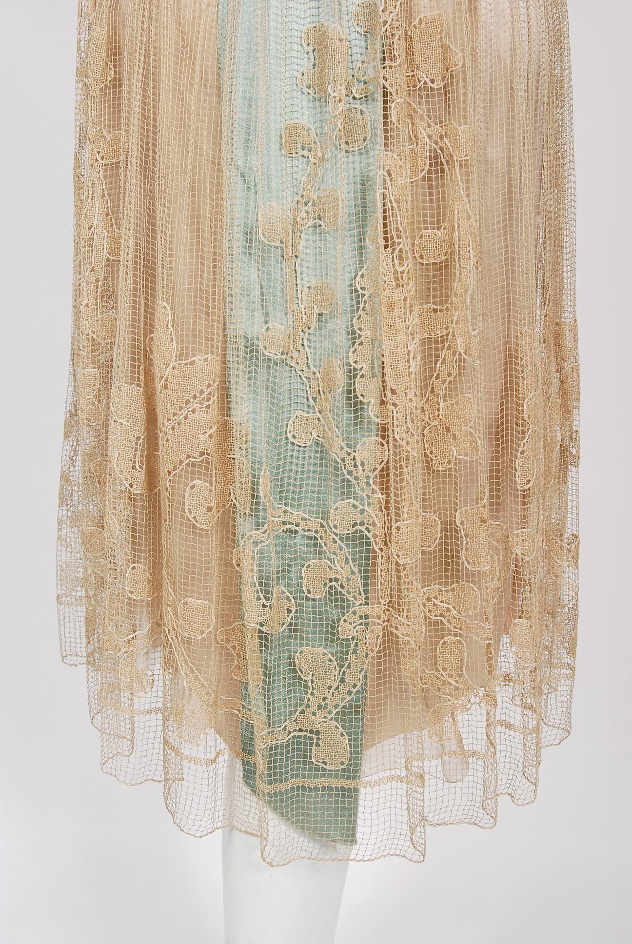 1920's Martha Weathered Couture Pastel Silk Rosettes Filet Lace Flapper Dress For Sale 8