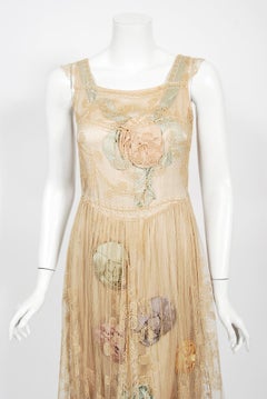 1920's Martha Weathered Couture Pastel Silk Rosettes Filet Lace Flapper Dress
