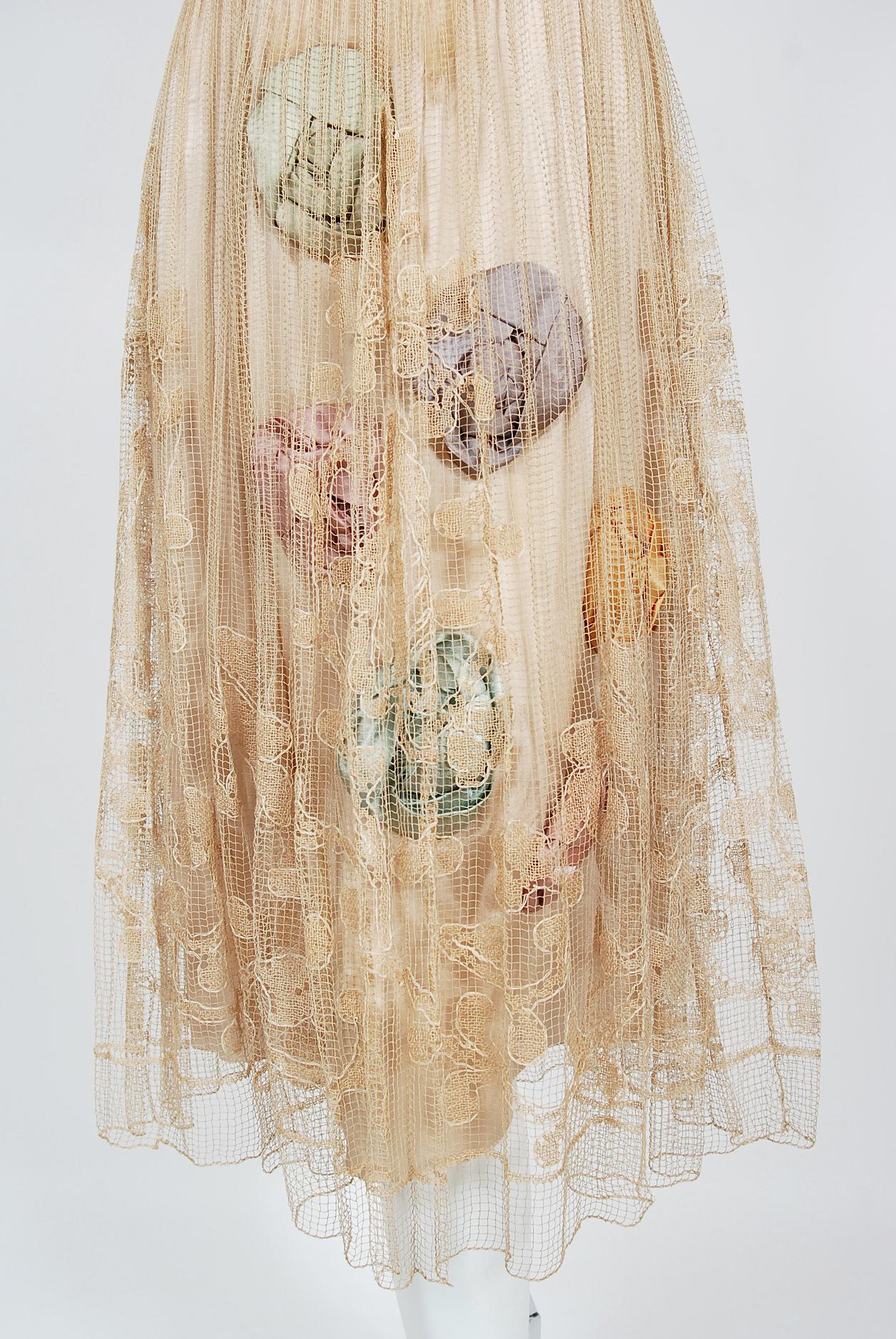 Beige 1920's Martha Weathered Couture Pastel Silk Rosettes Filet Lace Flapper Dress For Sale