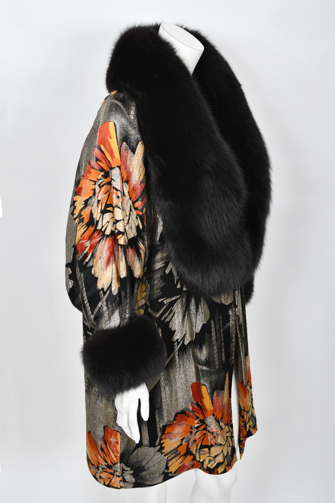 Vintage 1920s Metallic Art-Deco Floral Lamé & Fox Fur Dolman-Sleeve Flapper Coat 7