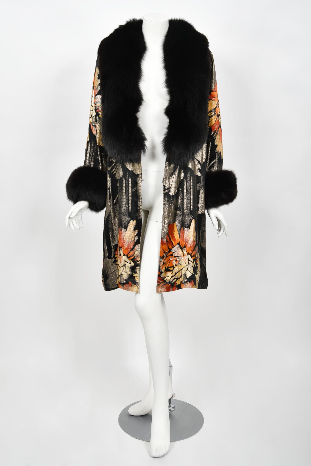 Vintage 1920s Metallic Art-Deco Floral Lamé & Fox Fur Dolman-Sleeve Flapper Coat 9