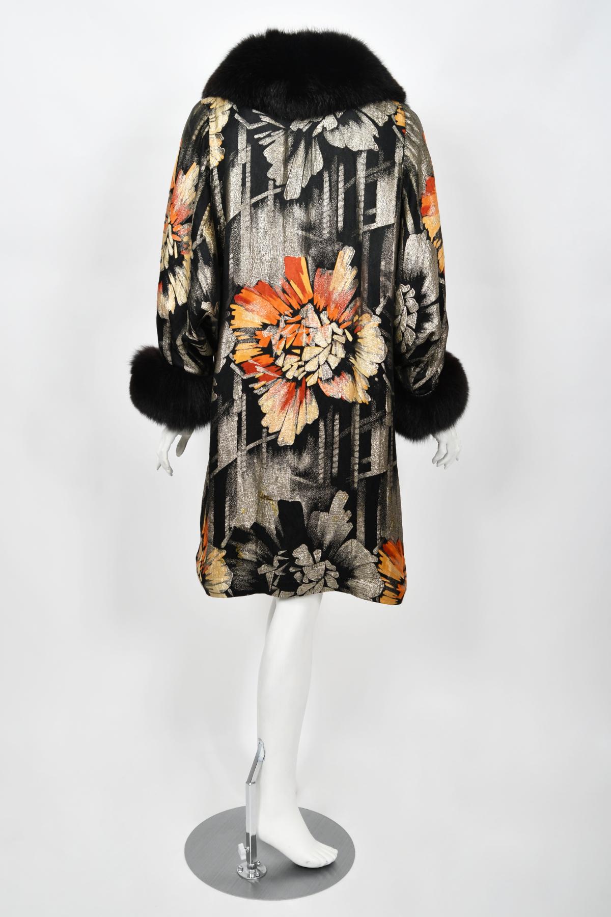Vintage 1920s Metallic Art-Deco Floral Lamé & Fox Fur Dolman-Sleeve Flapper Coat 10
