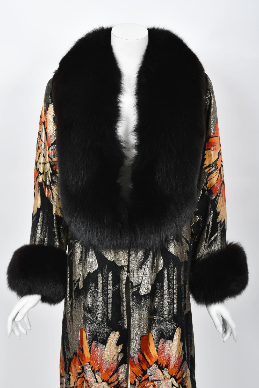 Women's Vintage 1920s Metallic Art-Deco Floral Lamé & Fox Fur Dolman-Sleeve Flapper Coat