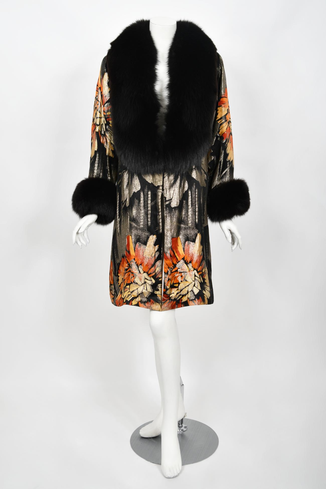 Vintage 1920s Metallic Art-Deco Floral Lamé & Fox Fur Dolman-Sleeve Flapper Coat 1