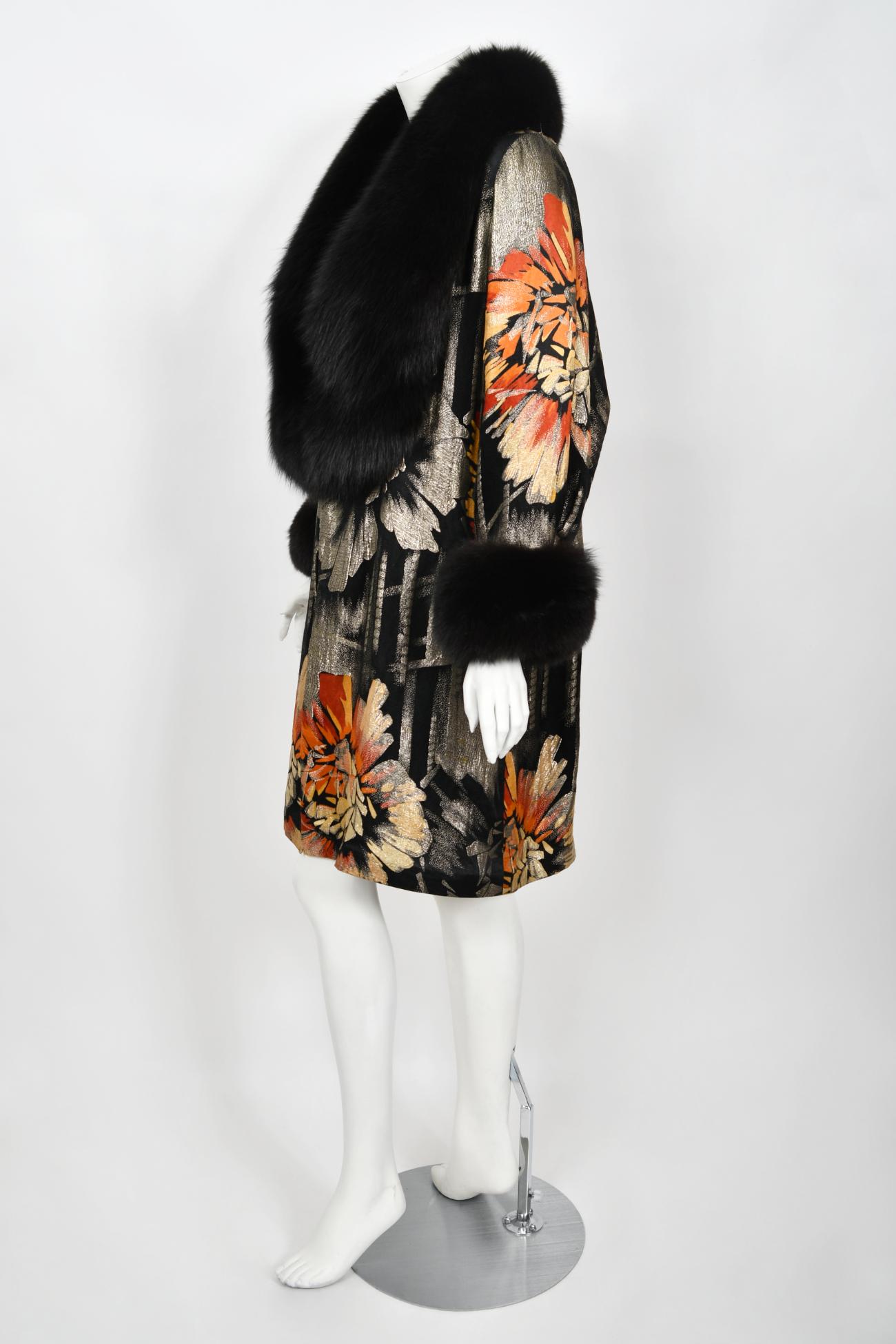 Vintage 1920s Metallic Art-Deco Floral Lamé & Fox Fur Dolman-Sleeve Flapper Coat 3