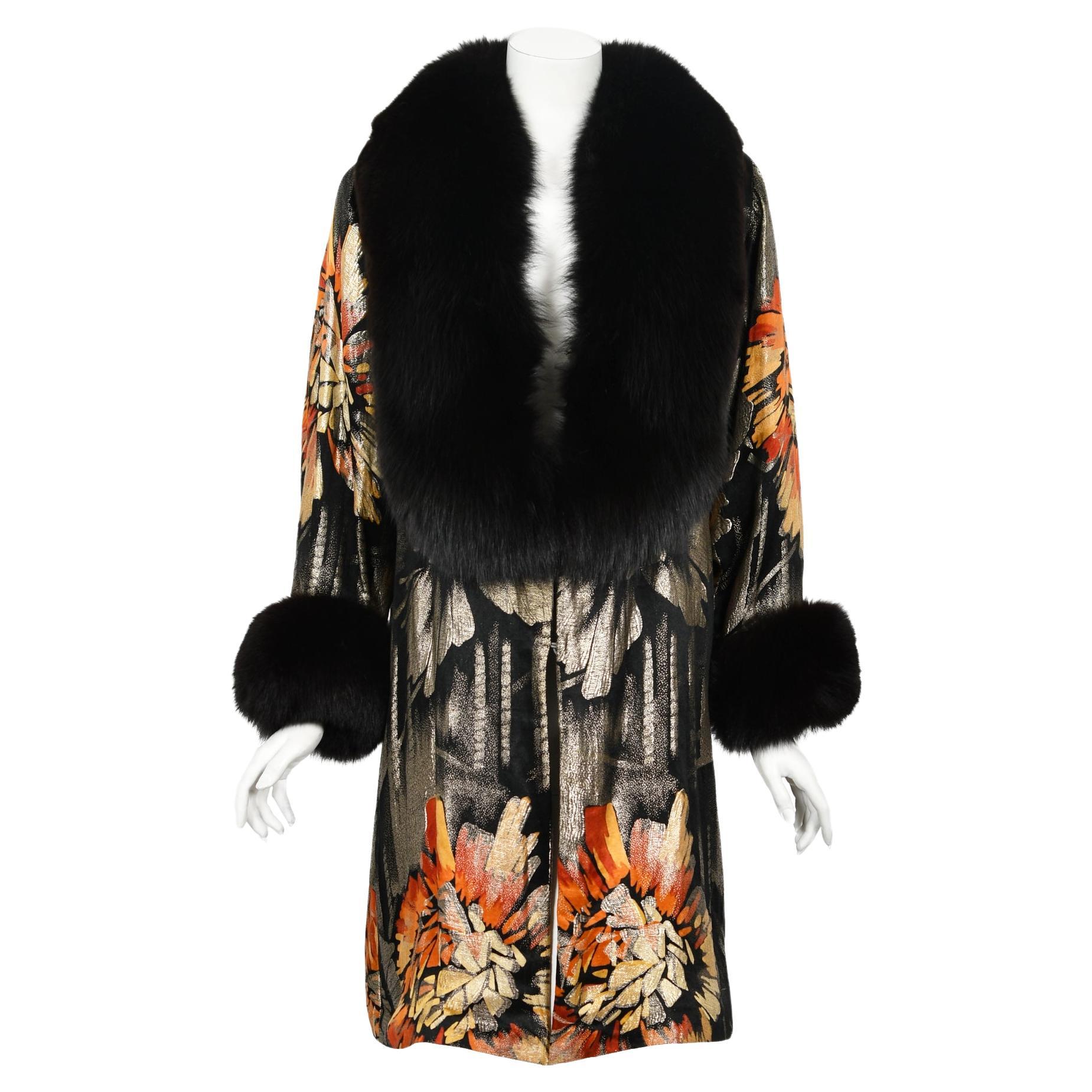 Vintage 1920s Metallic Art-Deco Floral Lamé & Fox Fur Dolman-Sleeve Flapper Coat