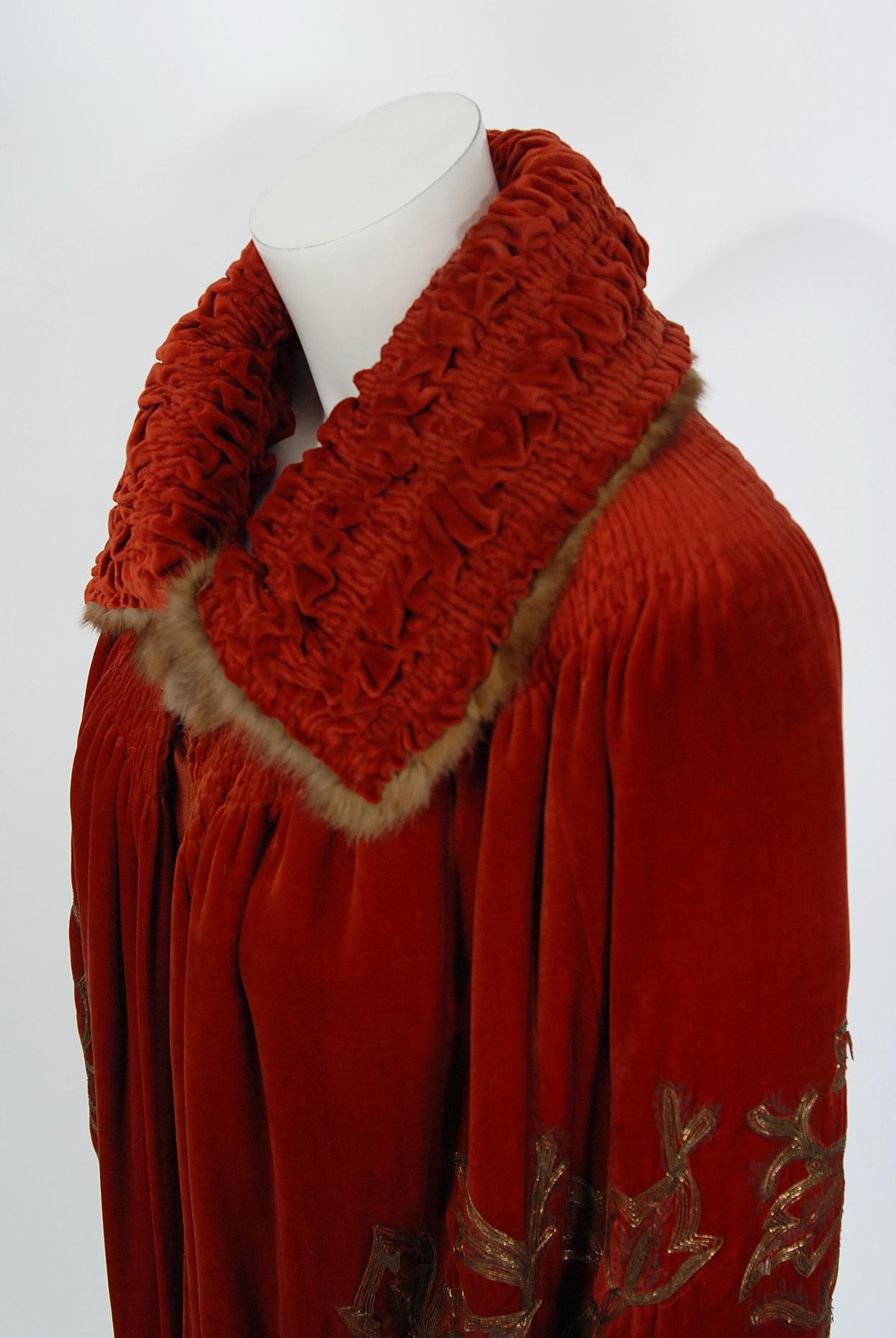 Vintage 1920's Metallic Embroidered Beaded Red Velvet & Sable Fur Couture Cape  4