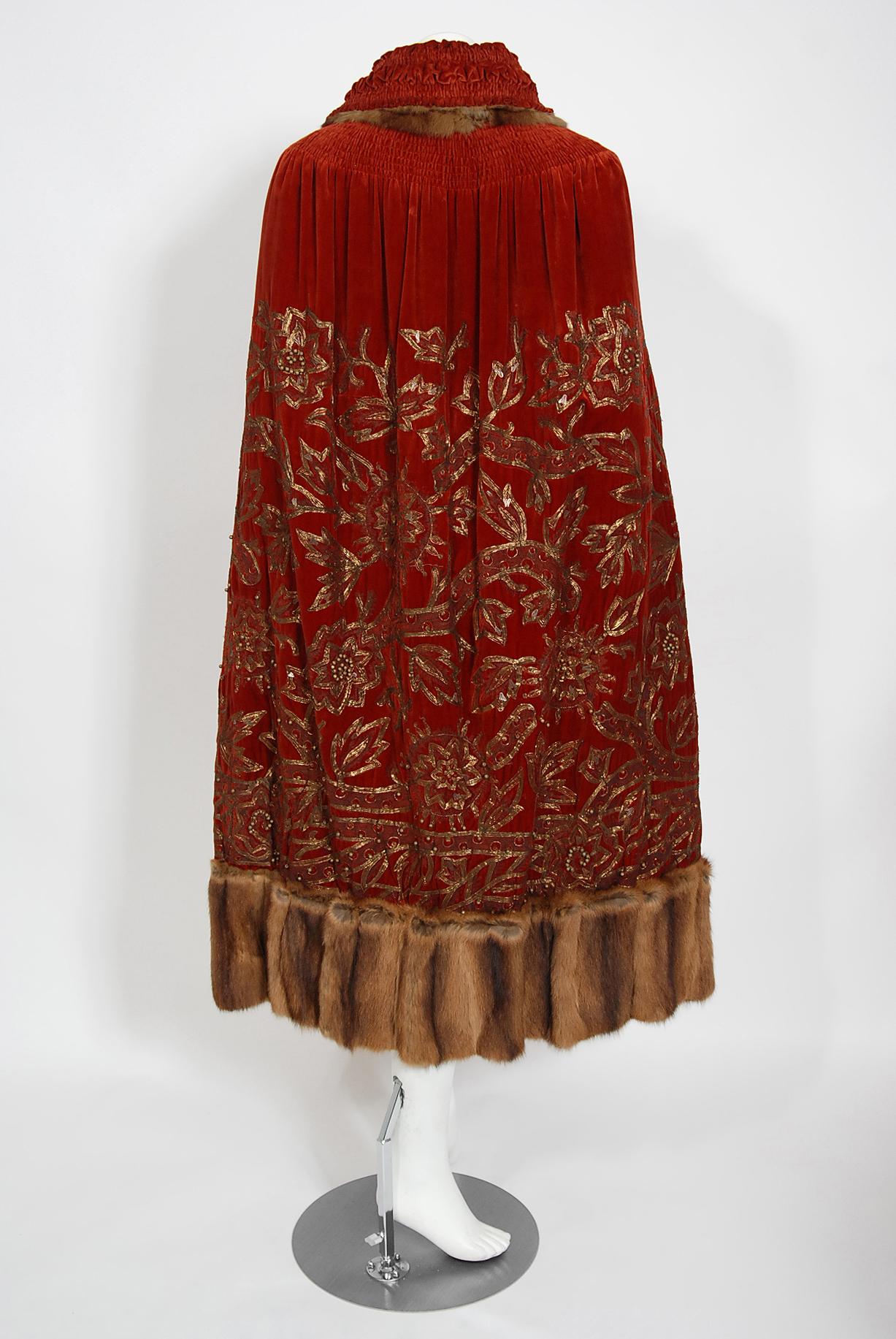 Vintage 1920's Metallic Embroidered Beaded Red Velvet & Sable Fur Couture Cape 6