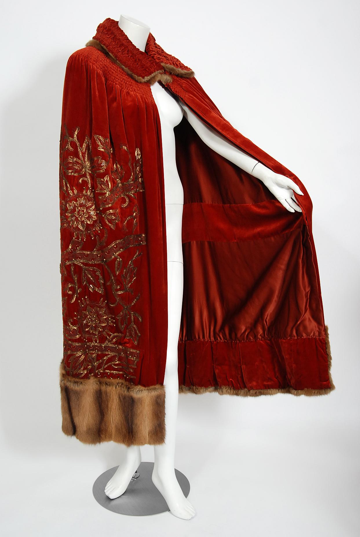 Vintage 1920's Metallic Embroidered Beaded Red Velvet & Sable Fur Couture Cape  In Good Condition In Beverly Hills, CA