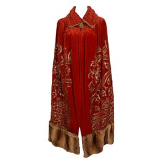 Vintage 1920's Metallic Embroidered Beaded Red Velvet & Sable Fur Couture Cape