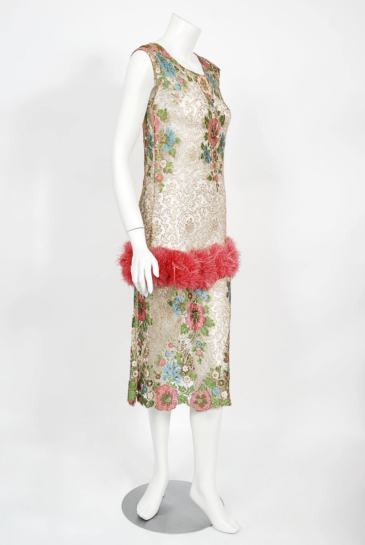 Vintage 1920's Metallic Floral Sheer Lamé Lace Feather Drop-Waist Couture Dress 5