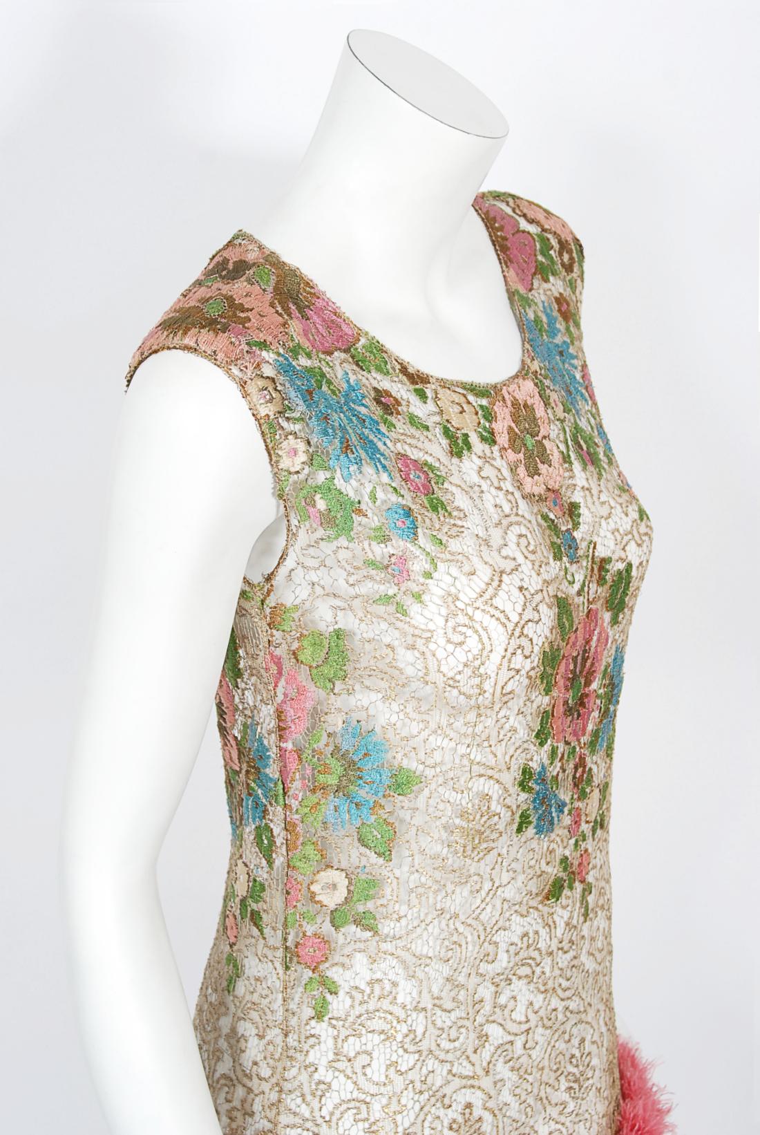 Vintage 1920's Metallic Floral Sheer Lamé Lace Feather Drop-Waist Couture Dress 6
