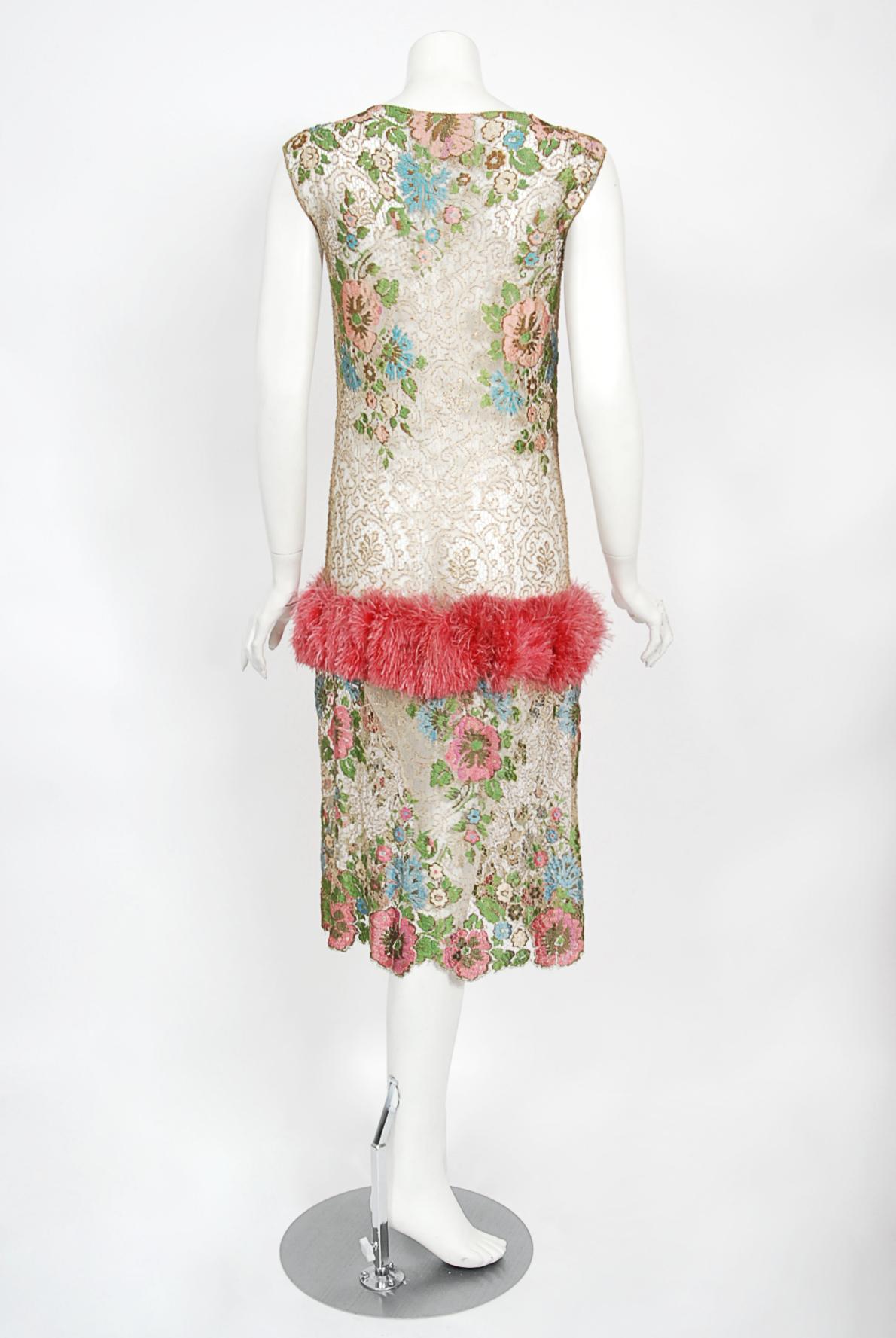 Vintage 1920's Metallic Floral Sheer Lamé Lace Feather Drop-Waist Couture Dress 7