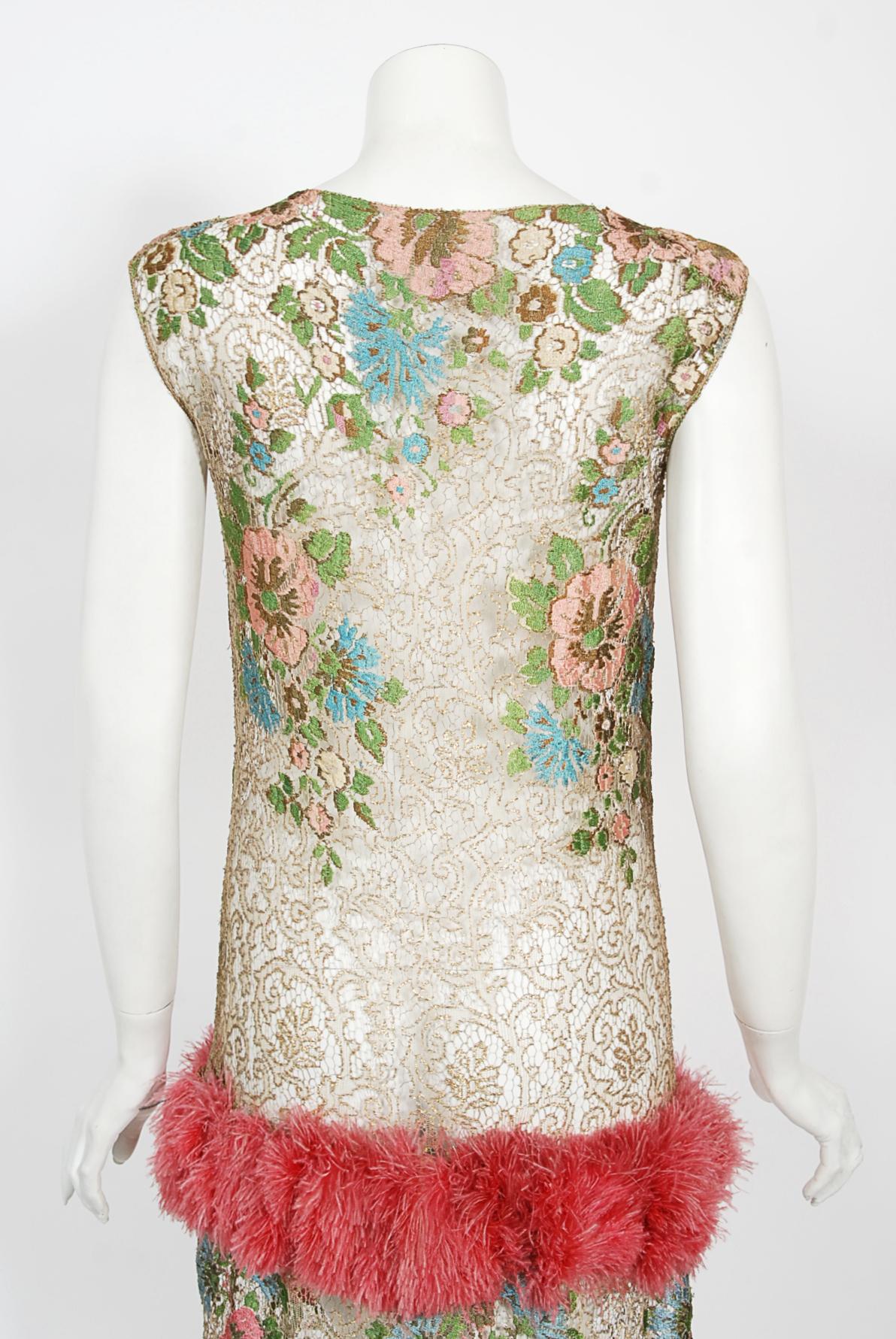 Vintage 1920's Metallic Floral Sheer Lamé Lace Feather Drop-Waist Couture Dress 8