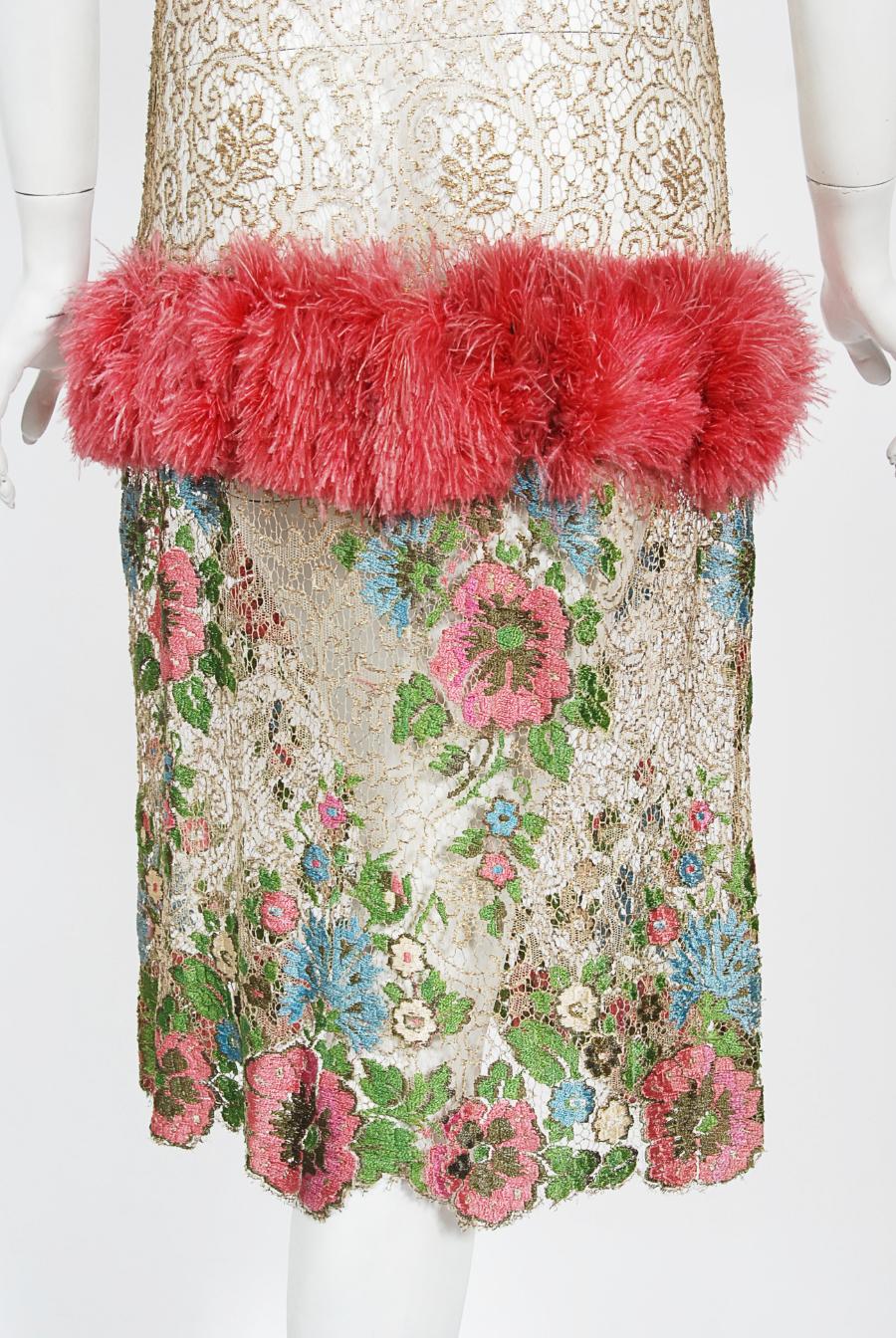 Vintage 1920's Metallic Floral Sheer Lamé Lace Feather Drop-Waist Couture Dress 9