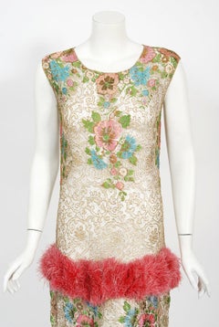 Vintage 1920's Metallic Floral Sheer Lamé Lace Feather Drop-Waist Couture Dress