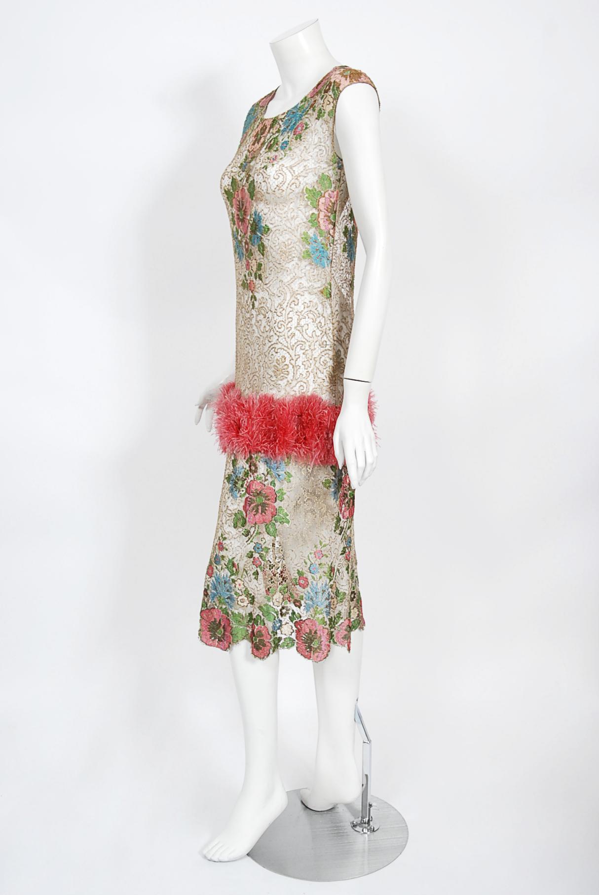 Vintage 1920's Metallic Floral Sheer Lamé Lace Feather Drop-Waist Couture Dress In Good Condition In Beverly Hills, CA