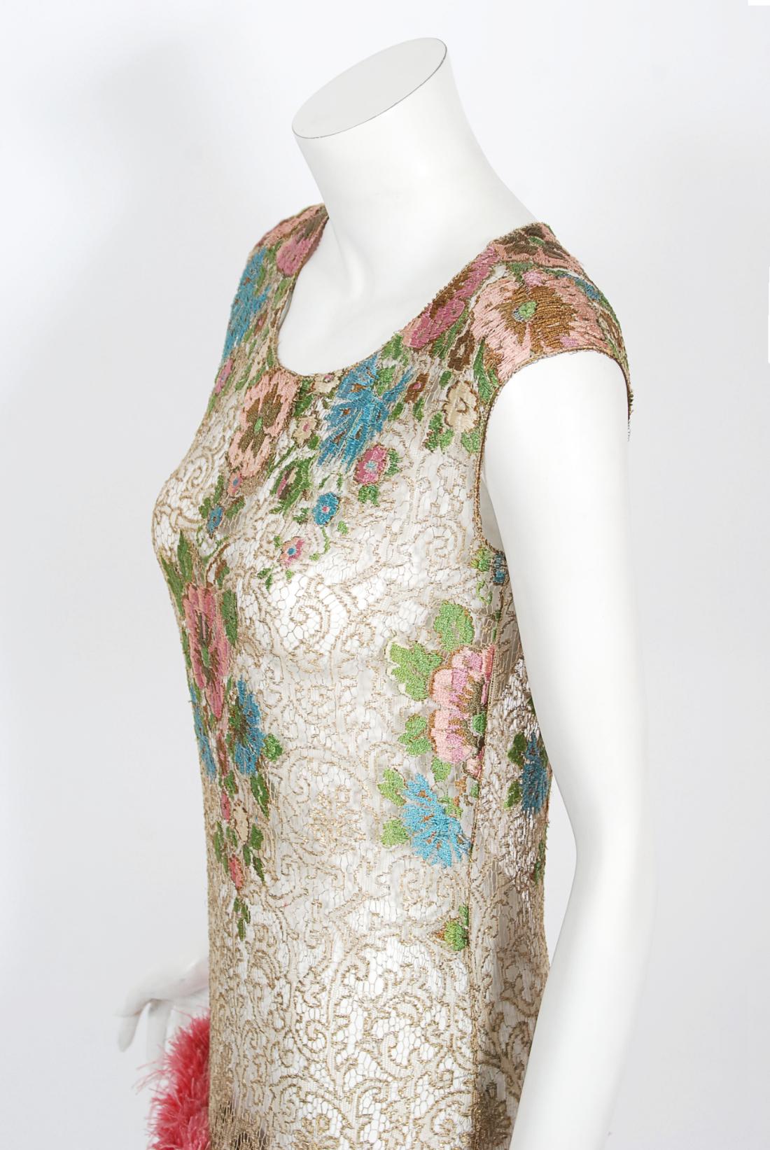 Women's Vintage 1920's Metallic Floral Sheer Lamé Lace Feather Drop-Waist Couture Dress