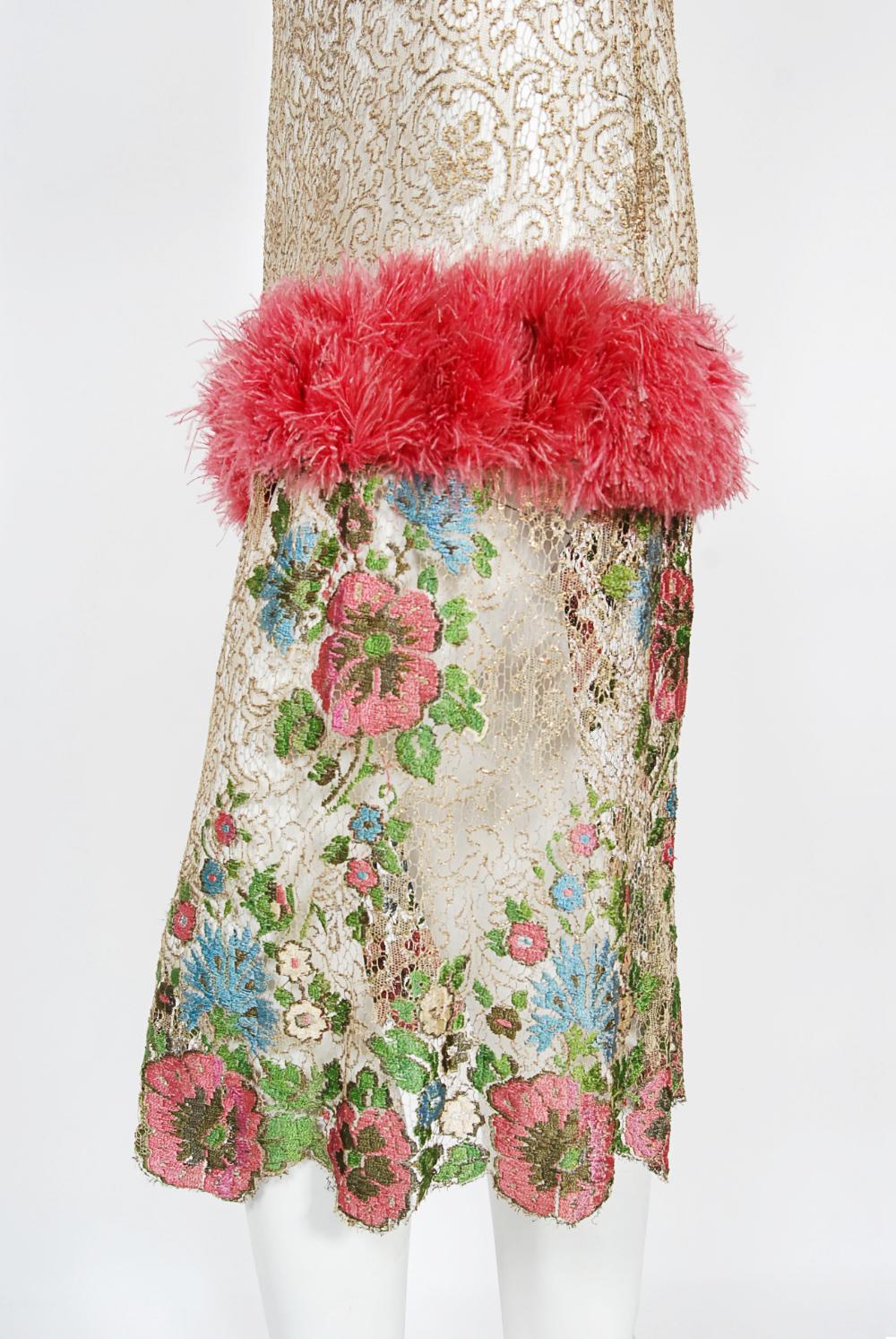Vintage 1920's Metallic Floral Sheer Lamé Lace Feather Drop-Waist Couture Dress 1