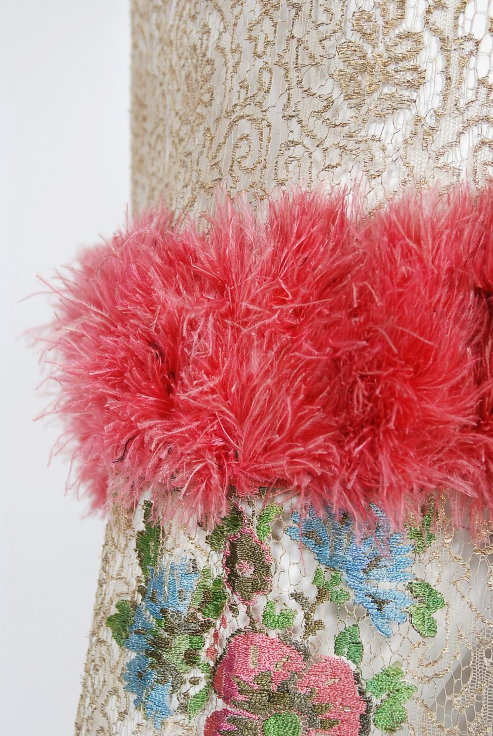 Vintage 1920's Metallic Floral Sheer Lamé Lace Feather Drop-Waist Couture Dress 2