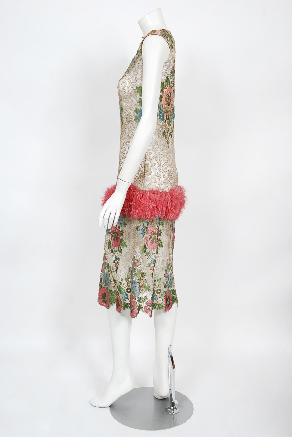 Vintage 1920's Metallic Floral Sheer Lamé Lace Feather Drop-Waist Couture Dress 3
