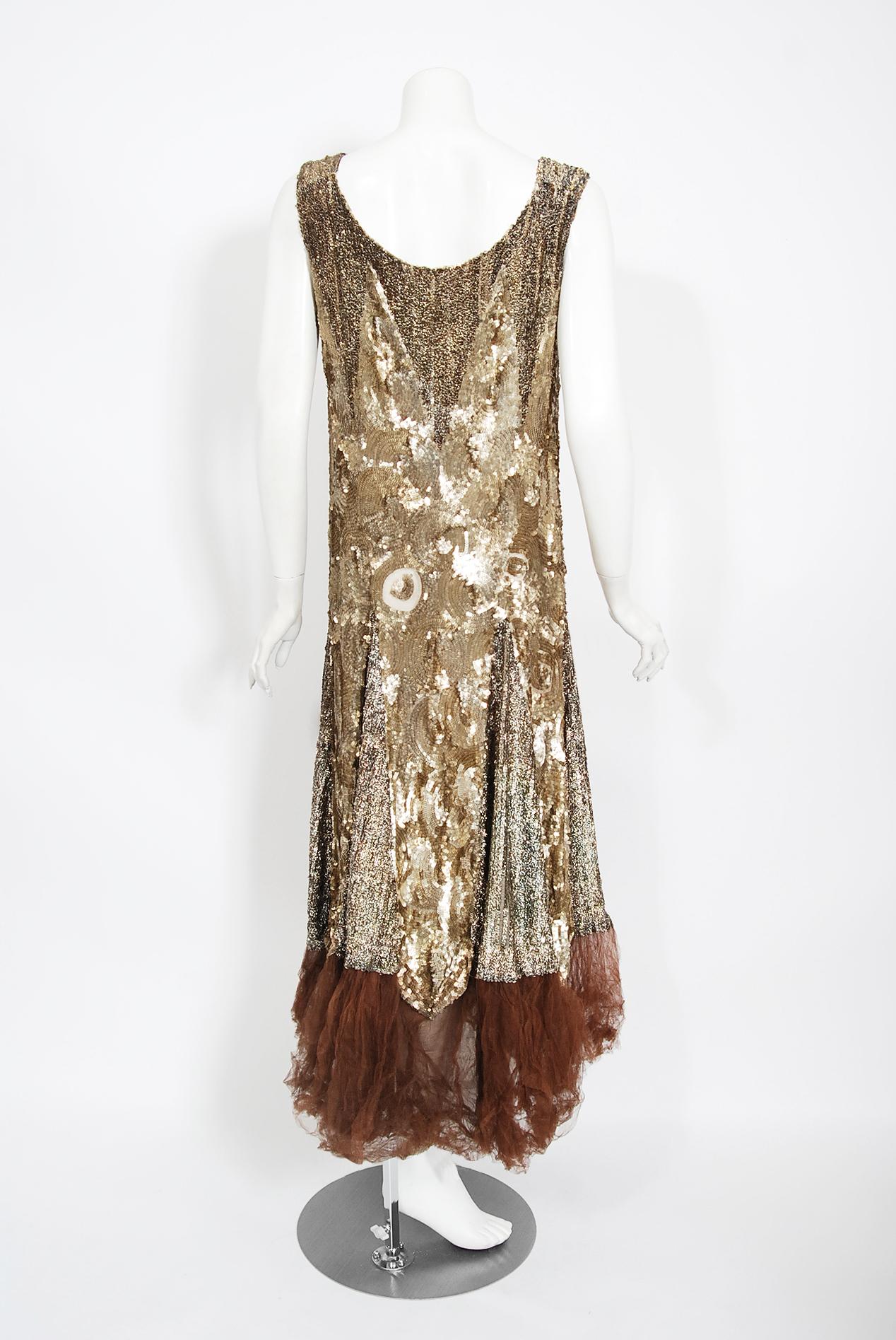 Vintage 1920's Metallic Gold Beaded Sequin Cotton-Net & Tulle Deco Flapper Dress 3