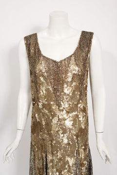 Vintage 1920's Metallic Gold Beaded Sequin Cotton-Net & Tulle Deco Flapper Dress