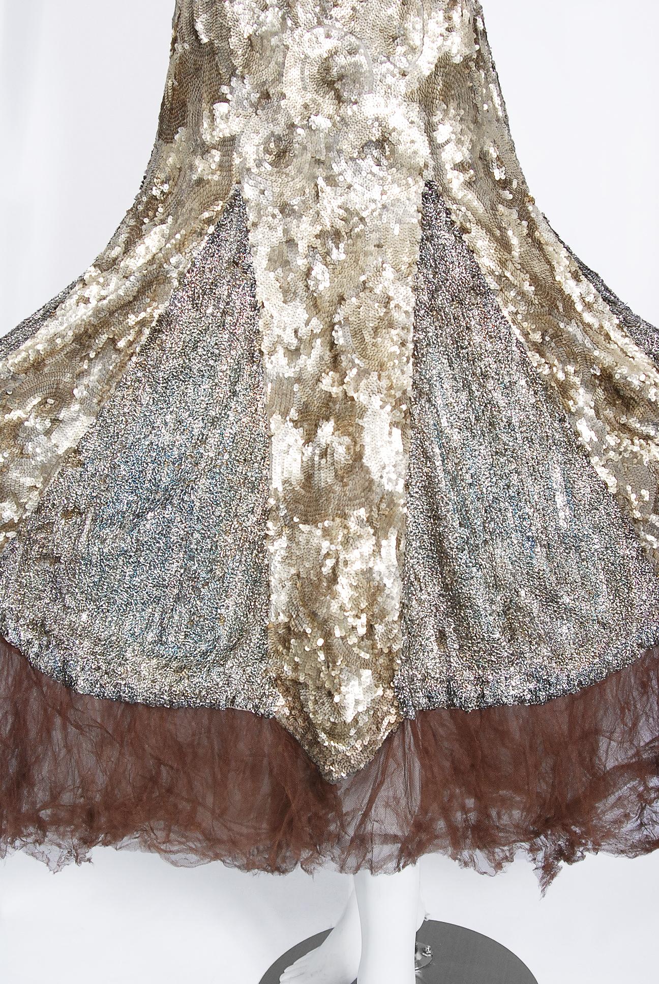 Vintage 1920's Metallic Gold Beaded Sequin Cotton-Net & Tulle Deco Flapper Dress In Good Condition In Beverly Hills, CA