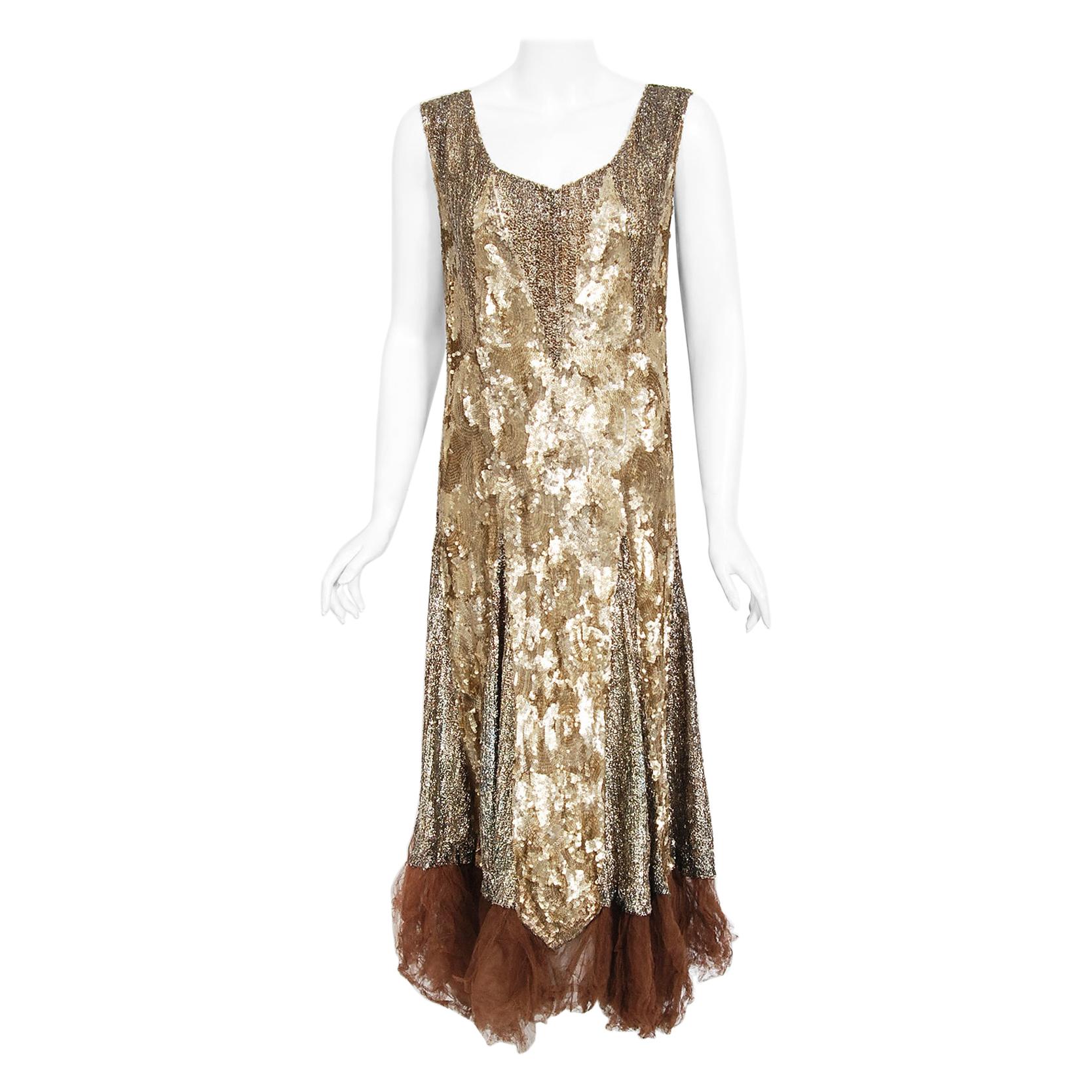 Vintage 1920's Metallic Gold Beaded Sequin Cotton-Net & Tulle Deco Flapper Dress