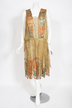 Vintage 1920's Metallic Gold Floral Lamé Lace Asymmetric Draped Flapper Dress