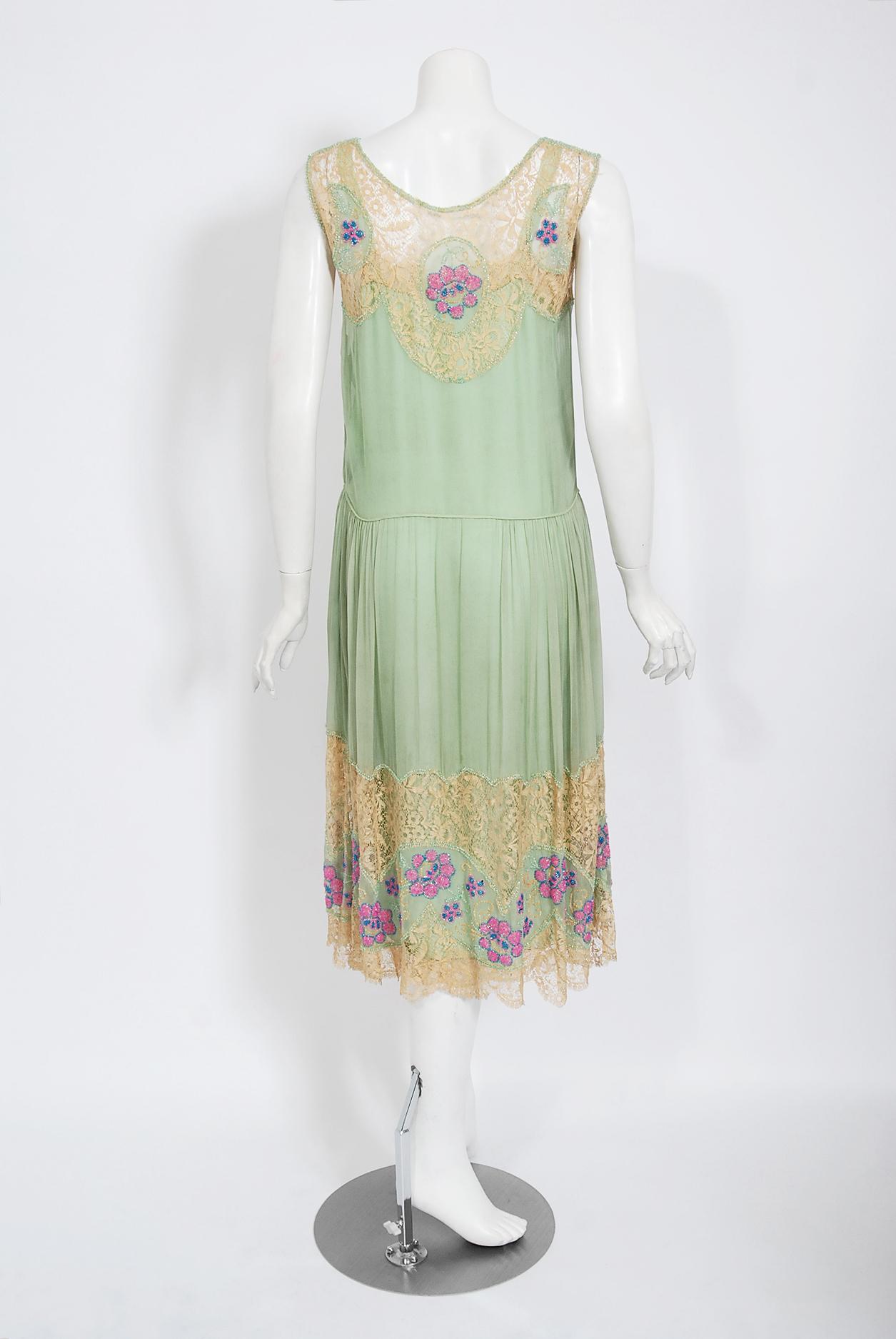 Vintage 1920's Mint-Green Chiffon & Floral Motif Beaded Lace Drop-Waist Dress  2