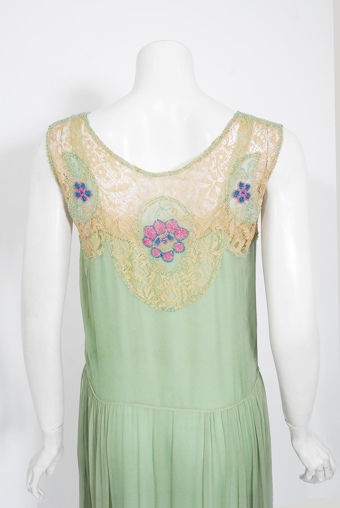 Vintage 1920's Mint-Green Chiffon & Floral Motif Beaded Lace Drop-Waist Dress  3