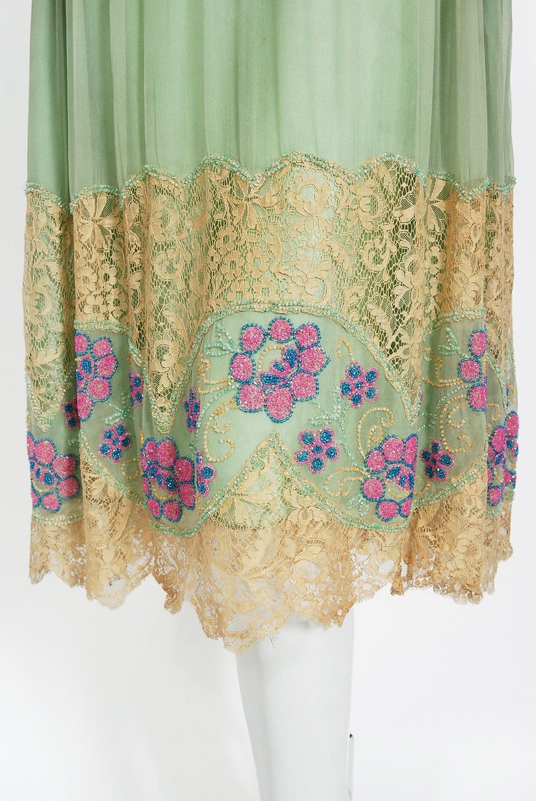 Vintage 1920's Mint-Green Chiffon and Floral Motif Beaded Lace Drop ...
