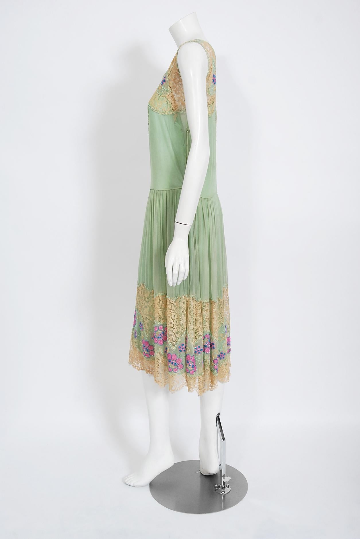 Vintage 1920's Mint-Green Chiffon & Floral Motif Beaded Lace Drop-Waist Dress  1