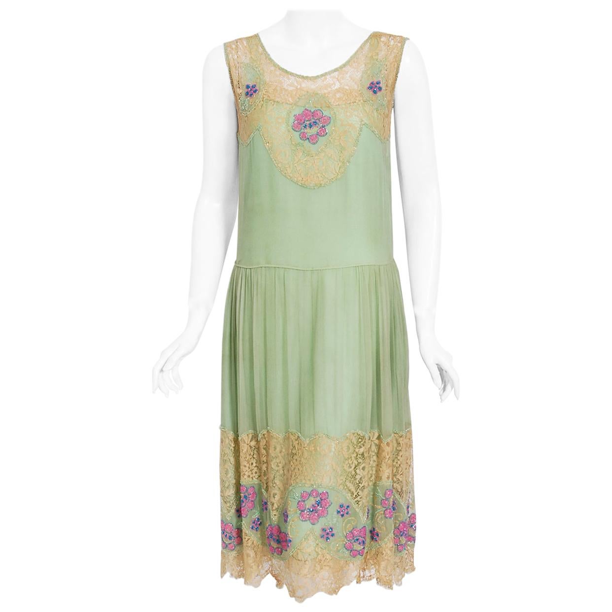 Vintage 1920's Mint-Green Chiffon & Floral Motif Beaded Lace Drop-Waist Dress 