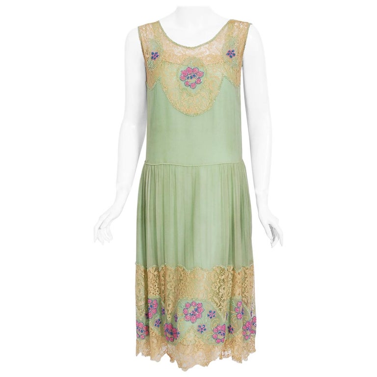 Vintage 1920's Mint-Green Chiffon and Floral Motif Beaded Lace Drop-Waist  Dress at 1stDibs | gunne sax, sadie nemser, beaded drop waist dress
