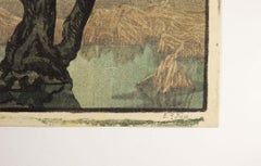 Vintage 1920s Mountains & Tree Evening Woodblock