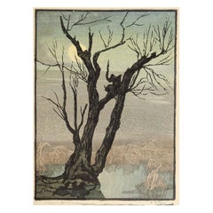 Vintage 1920s Mountains & Tree Evening Woodblock