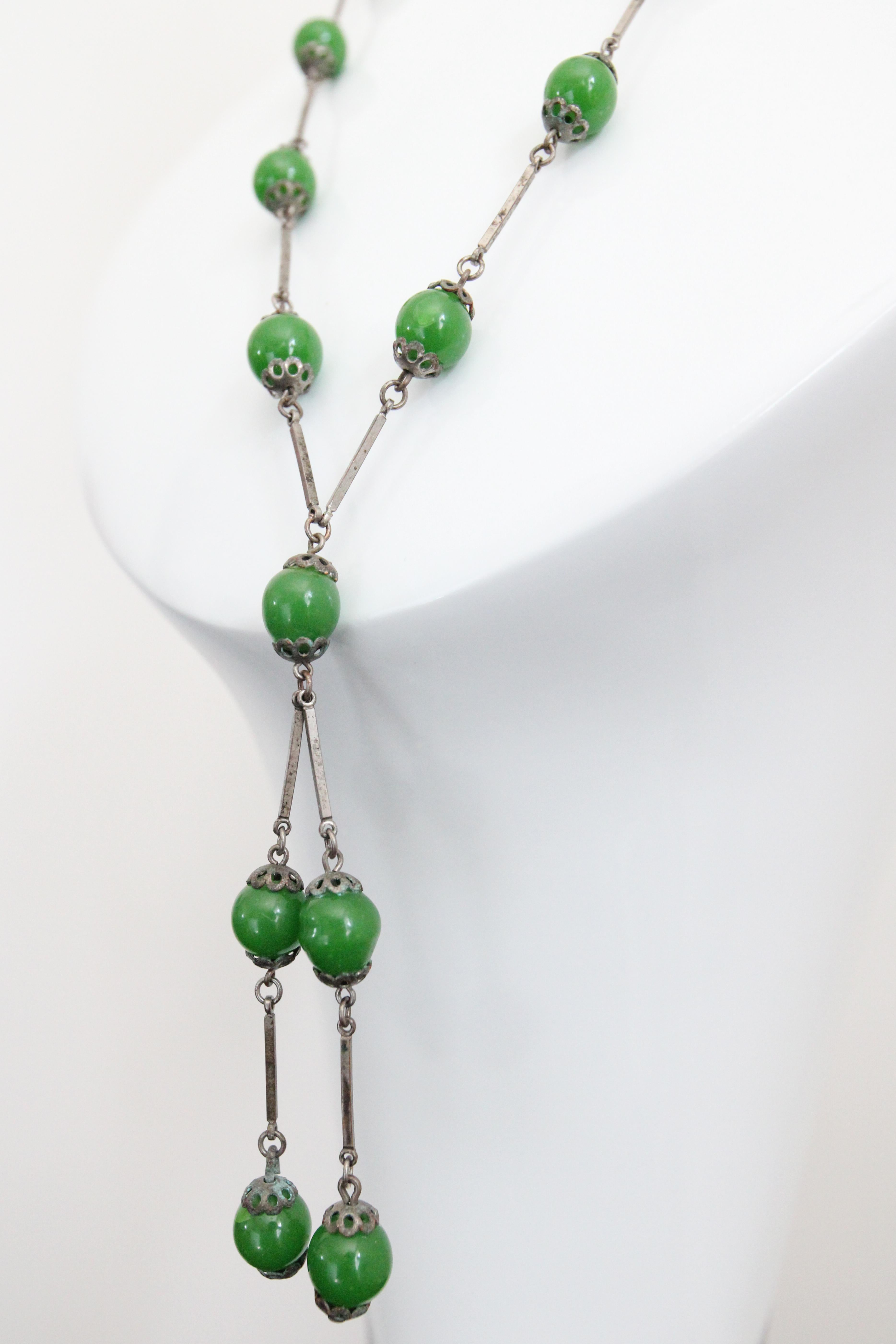 Women's or Men's Vintage 1920's Necklace Jadeite Glass Chrome Art Deco Flapper Necklace Beaded For Sale