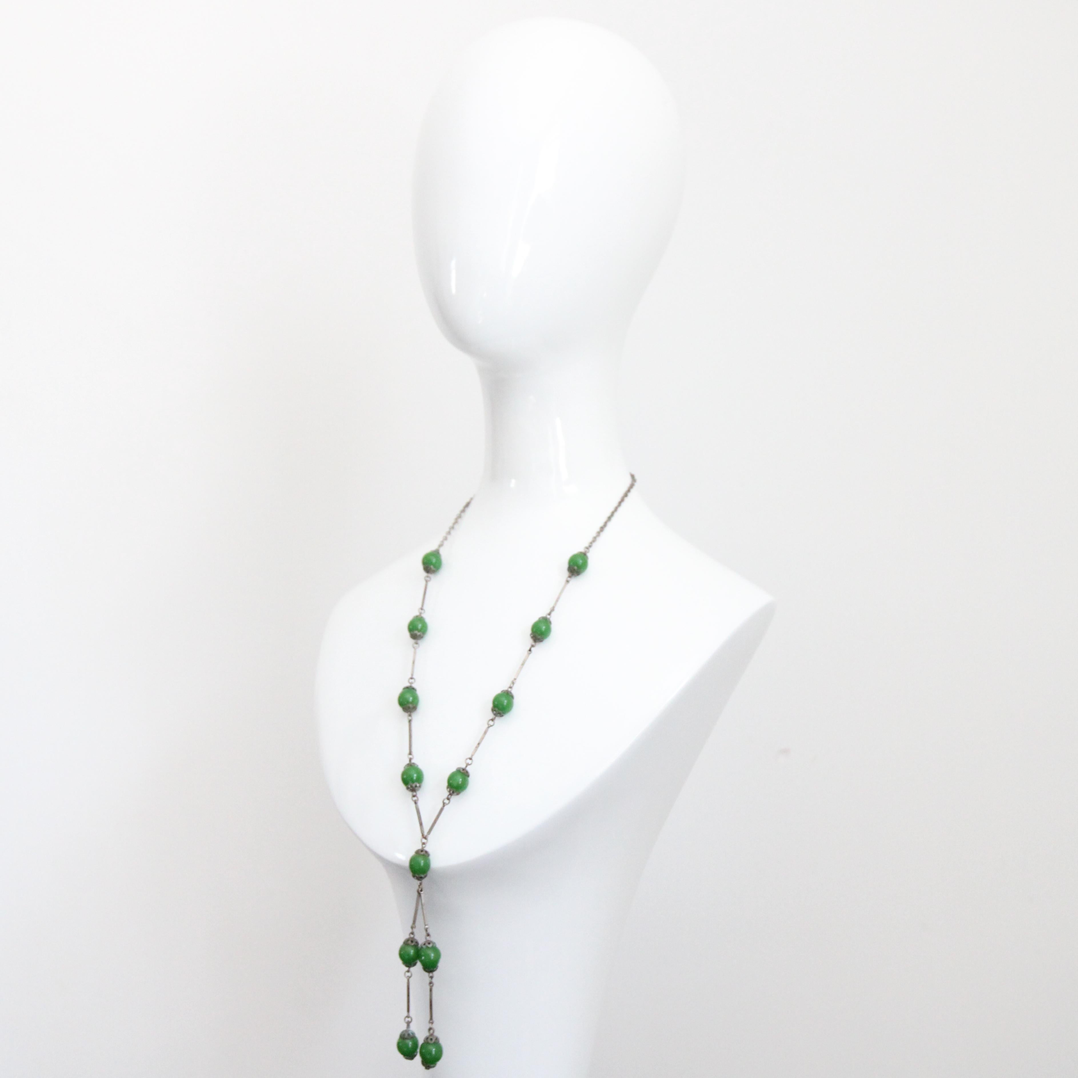 Vintage 1920's Necklace Jadeite Glass Chrome Art Deco Flapper Necklace Beaded For Sale 1