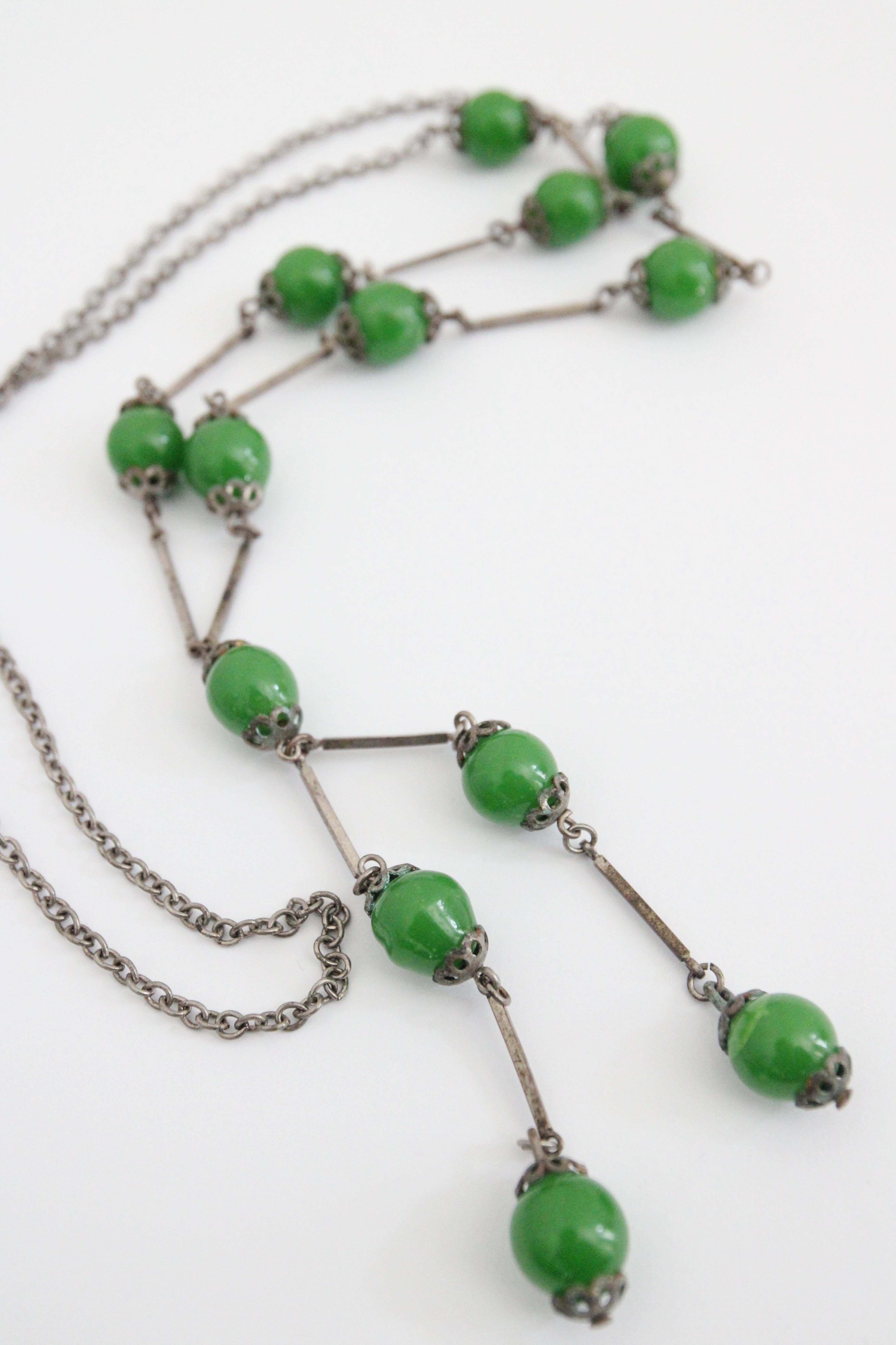 Vintage 1920's Necklace Jadeite Glass Chrome Art Deco Flapper Necklace Beaded For Sale 4