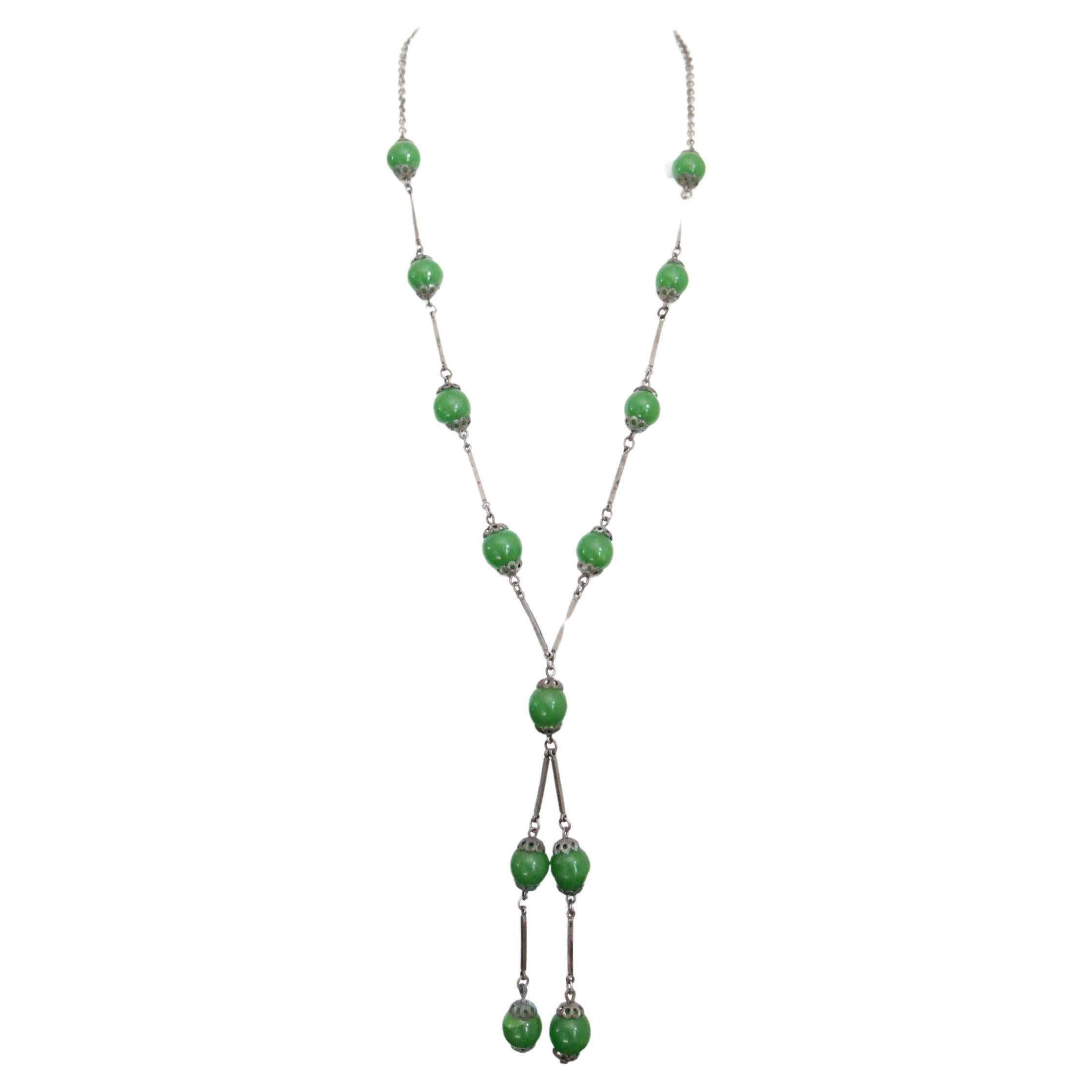 Vintage 1920's Necklace Jadeite Glass Chrome Art Deco Flapper Necklace Beaded For Sale