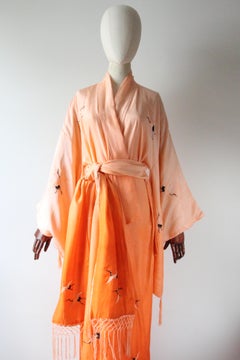 Vintage 1920's ombré silk embroidered flying crane kimono orange UK 10-16