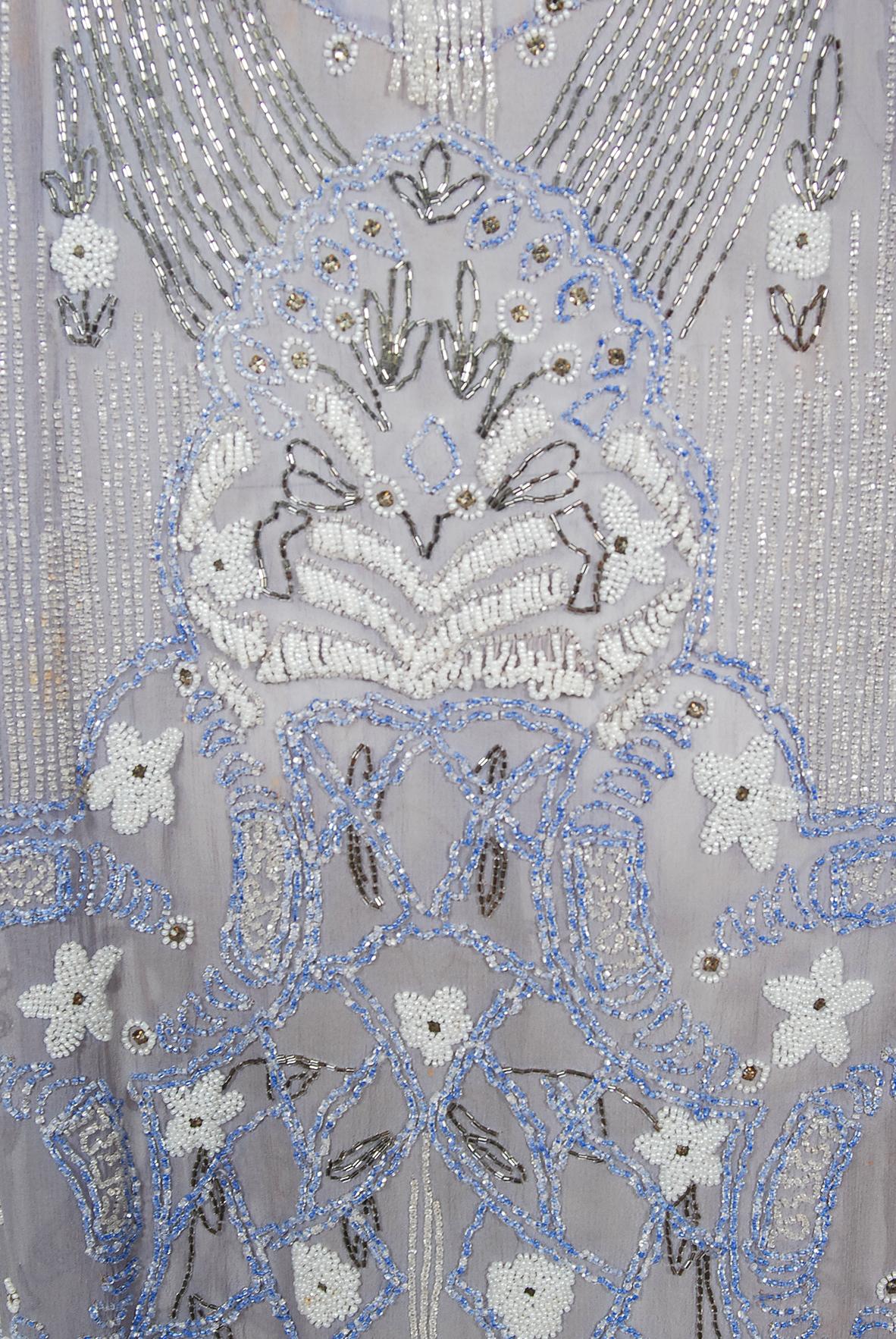 Vintage 1920's Periwinkle Beaded Rhinestone Silk Chiffon Cut-Out Flapper Dress 3