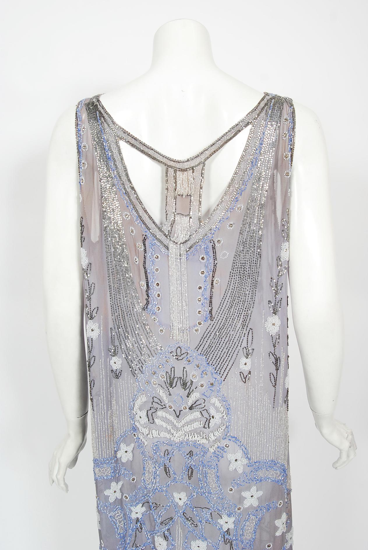Vintage 1920's Periwinkle Beaded Rhinestone Silk Chiffon Cut-Out Flapper Dress 6