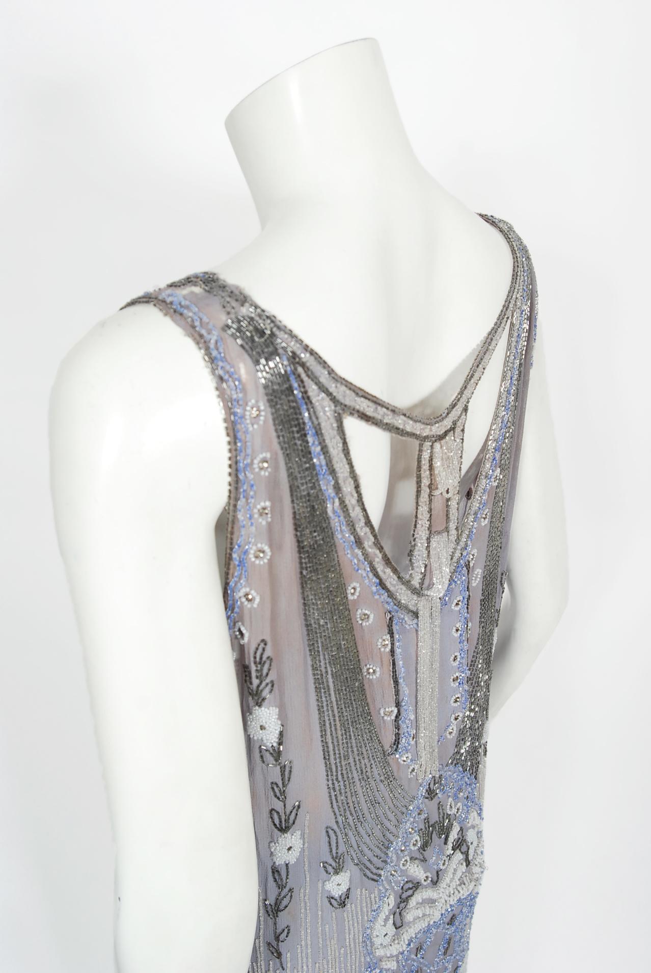 Vintage 1920's Periwinkle Beaded Rhinestone Silk Chiffon Cut-Out Flapper Dress 7