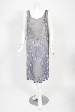 Vintage 1920's Periwinkle Beaded Rhinestone Silk Chiffon Cut-Out Flapper Dress